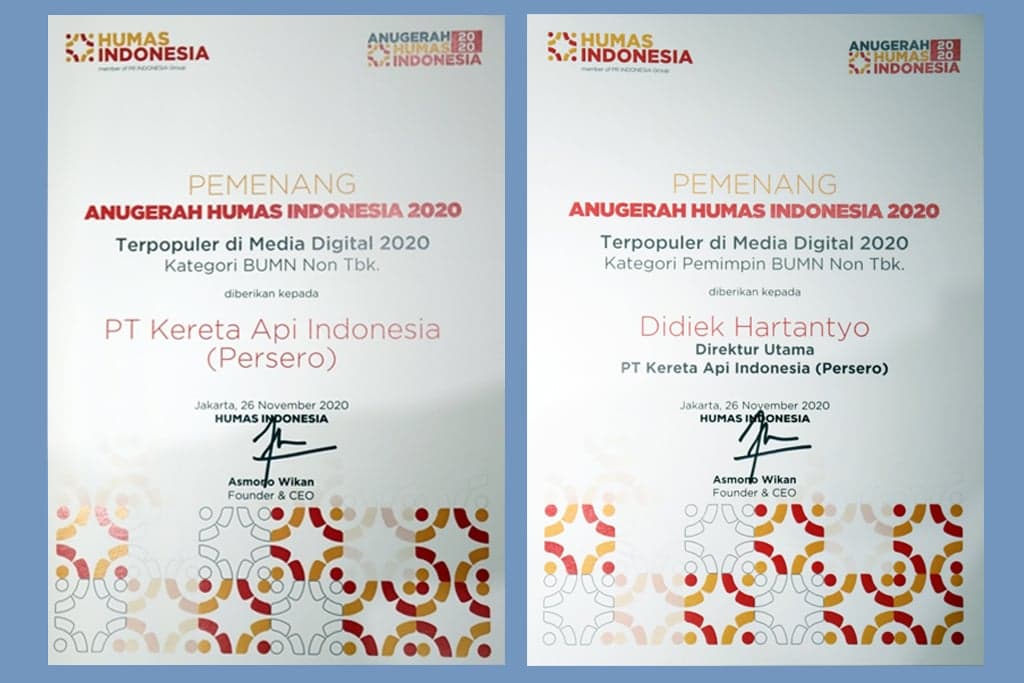 KAI dan Didiek Hartantyo Raih Anugerah Humas Indonesia 2020